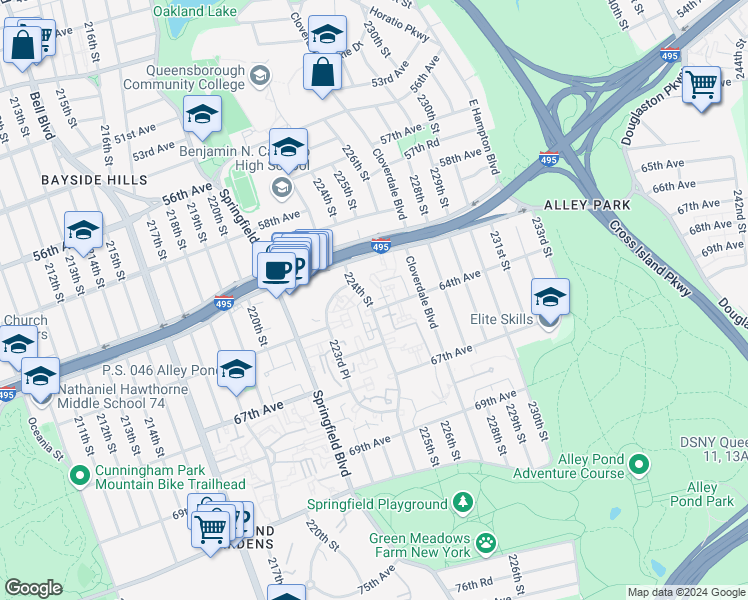 map of restaurants, bars, coffee shops, grocery stores, and more near 224-33 64th Avenue in Queens