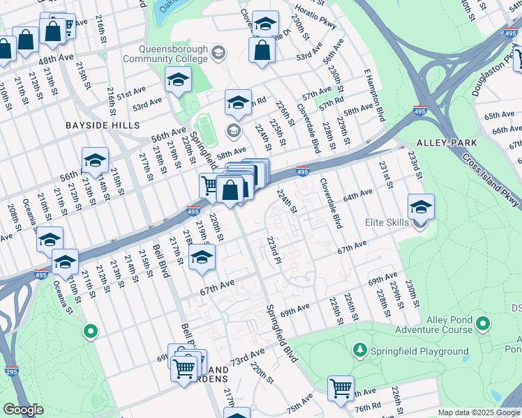 map of restaurants, bars, coffee shops, grocery stores, and more near 22138 Horace Harding Expressway in Queens