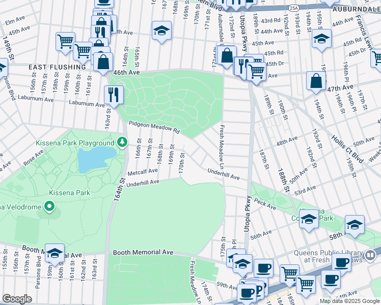 map of restaurants, bars, coffee shops, grocery stores, and more near 170-16 Pidgeon Meadow Road in Queens