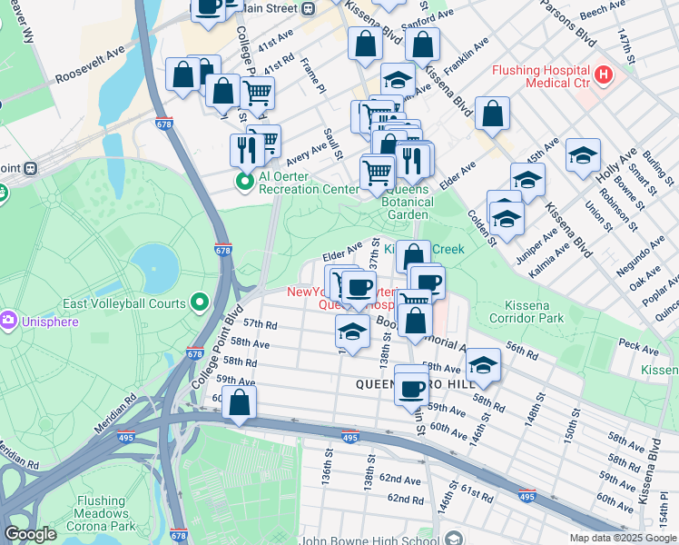 map of restaurants, bars, coffee shops, grocery stores, and more near 56-04 135th Street in Queens