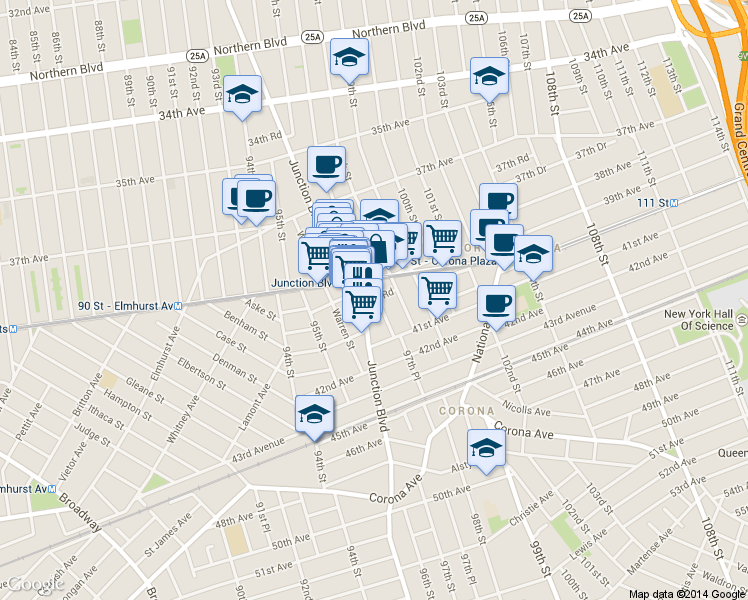 map of restaurants, bars, coffee shops, grocery stores, and more near 96-46 40th Road in Queens