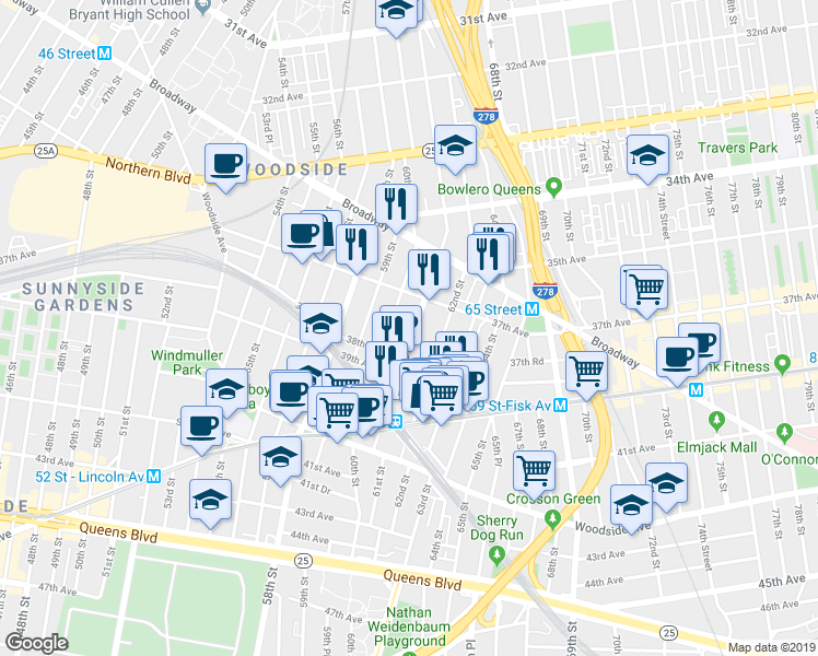 map of restaurants, bars, coffee shops, grocery stores, and more near 37-20 61st Street in Queens