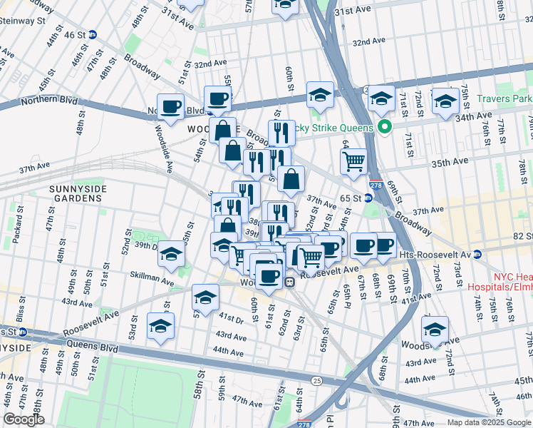 map of restaurants, bars, coffee shops, grocery stores, and more near 37-27 59th Street in Queens