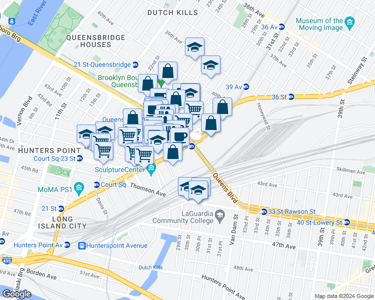 map of restaurants, bars, coffee shops, grocery stores, and more near 28-10 Bridge Plaza South in Queens
