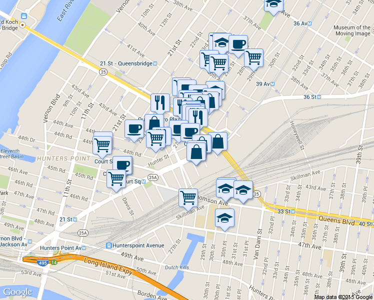 map of restaurants, bars, coffee shops, grocery stores, and more near 28-03 Jackson Avenue in Queens