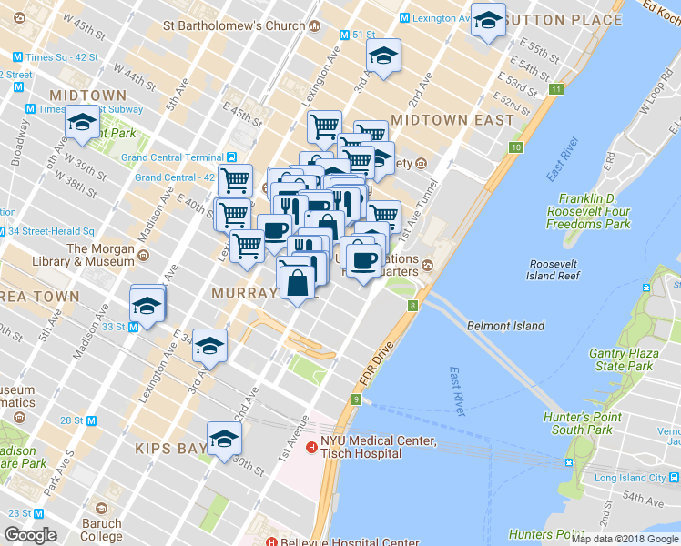 map of restaurants, bars, coffee shops, grocery stores, and more near in New York