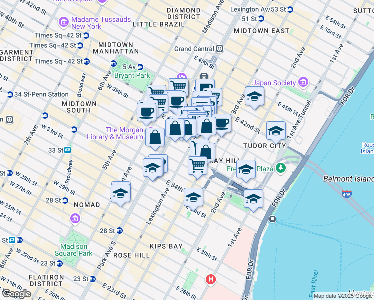 map of restaurants, bars, coffee shops, grocery stores, and more near 126 East 38th Street in New York