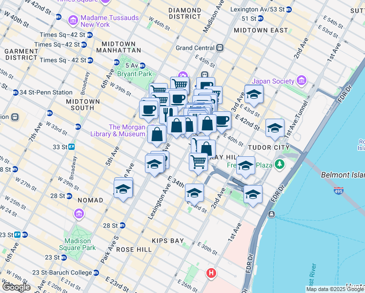 map of restaurants, bars, coffee shops, grocery stores, and more near 126 East 38th Street in New York