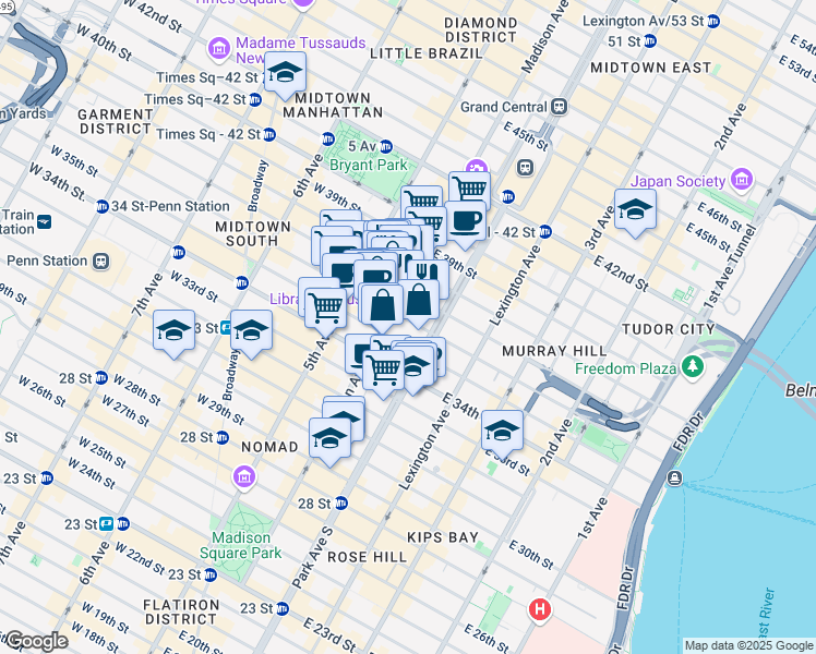 map of restaurants, bars, coffee shops, grocery stores, and more near 219 Madison Avenue in New York