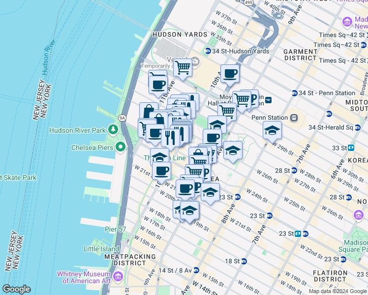 map of restaurants, bars, coffee shops, grocery stores, and more near in New York