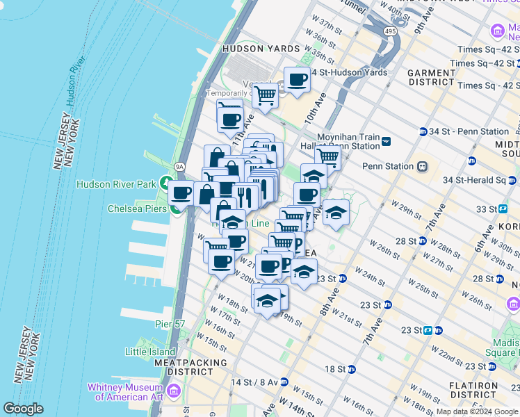 map of restaurants, bars, coffee shops, grocery stores, and more near in New York