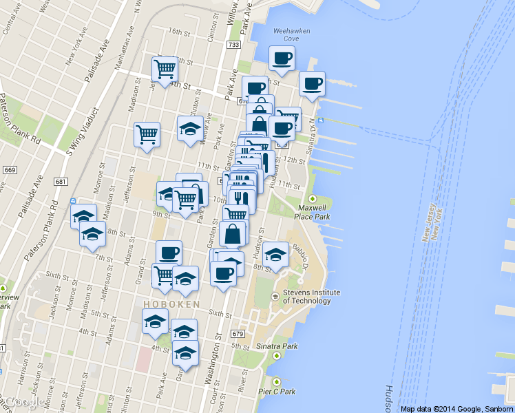 map of restaurants, bars, coffee shops, grocery stores, and more near 1014 Hudson Street in Hoboken