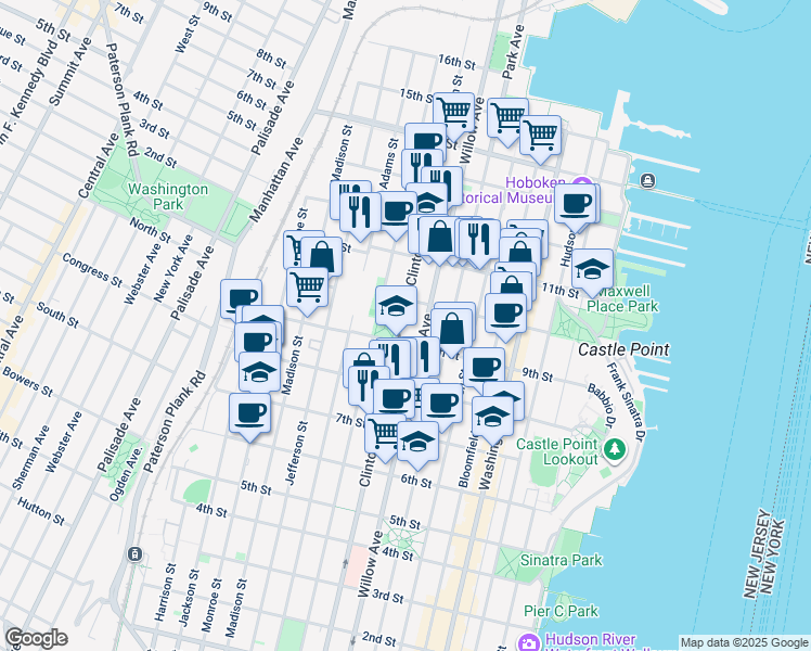 map of restaurants, bars, coffee shops, grocery stores, and more near 10th Street in Hoboken