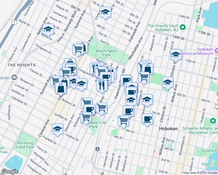 map of restaurants, bars, coffee shops, grocery stores, and more near 45 Congress Street in Jersey City