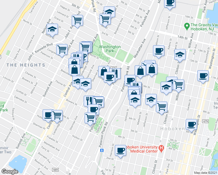 map of restaurants, bars, coffee shops, grocery stores, and more near 45 Congress Street in Jersey City