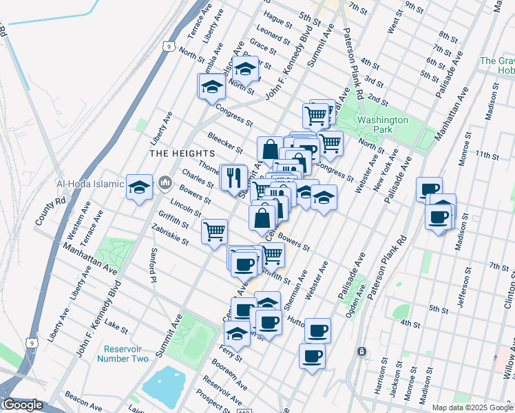 map of restaurants, bars, coffee shops, grocery stores, and more near 29 Thorne Street in Jersey City