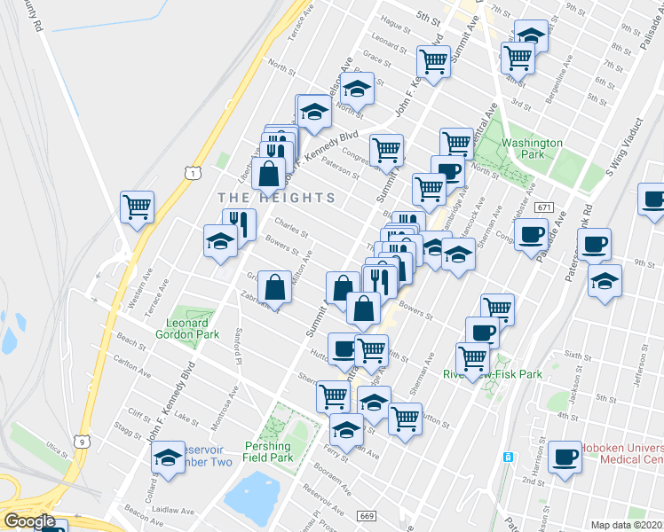 map of restaurants, bars, coffee shops, grocery stores, and more near 210A Bowers Street in Jersey City