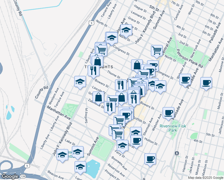 map of restaurants, bars, coffee shops, grocery stores, and more near 210A Bowers Street in Jersey City