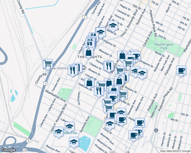 map of restaurants, bars, coffee shops, grocery stores, and more near 235 Bowers Street in Jersey City