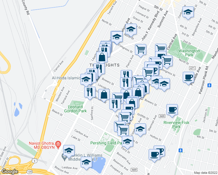 map of restaurants, bars, coffee shops, grocery stores, and more near 235 Bowers Street in Jersey City