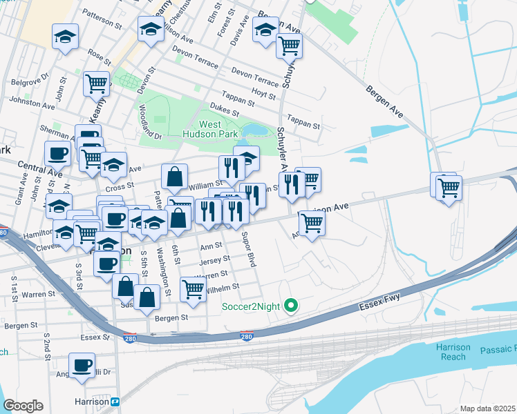 map of restaurants, bars, coffee shops, grocery stores, and more near 801-815 Harrison Avenue in Harrison