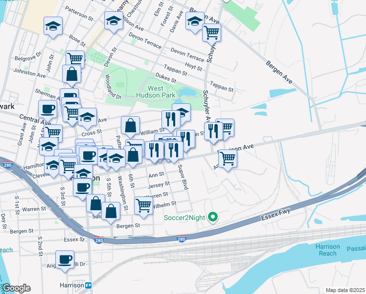 map of restaurants, bars, coffee shops, grocery stores, and more near 801 Hamilton Street in Harrison