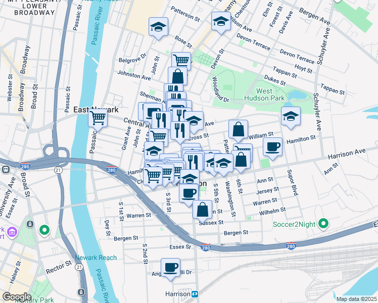 map of restaurants, bars, coffee shops, grocery stores, and more near 308 Frank E Rodgers Boulevard North in Harrison