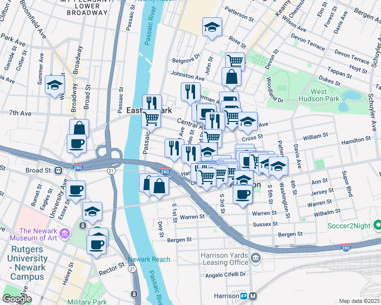 map of restaurants, bars, coffee shops, grocery stores, and more near 126 Grant Avenue in East Newark