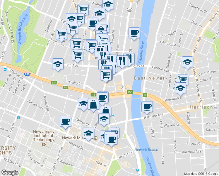 map of restaurants, bars, coffee shops, grocery stores, and more near 1 8th Avenue in Newark