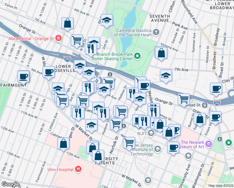 map of restaurants, bars, coffee shops, grocery stores, and more near 34 Hecker Street in Newark