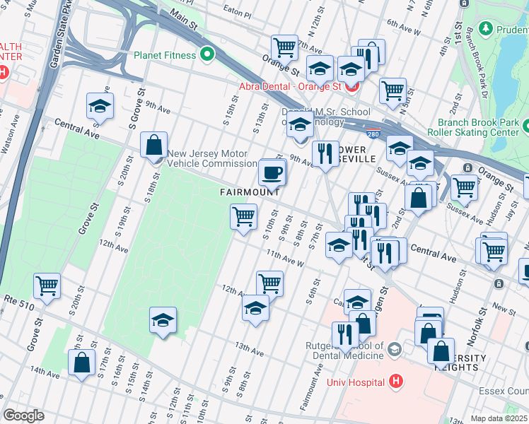 map of restaurants, bars, coffee shops, grocery stores, and more near 556 Central Avenue in Newark