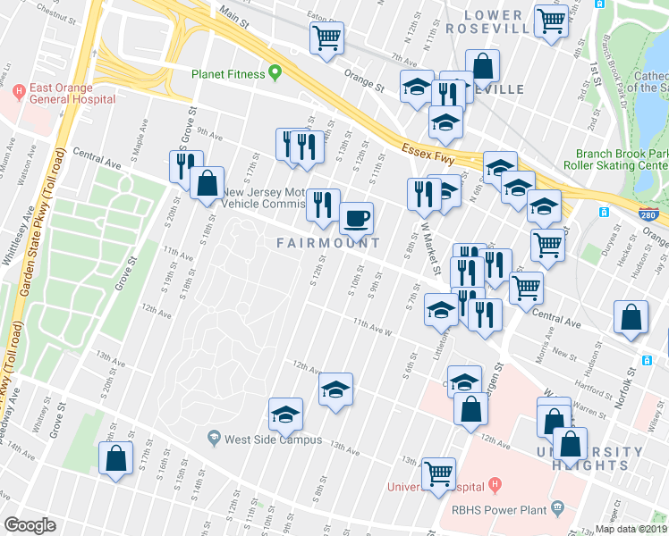 map of restaurants, bars, coffee shops, grocery stores, and more near 556 Central Avenue in Newark
