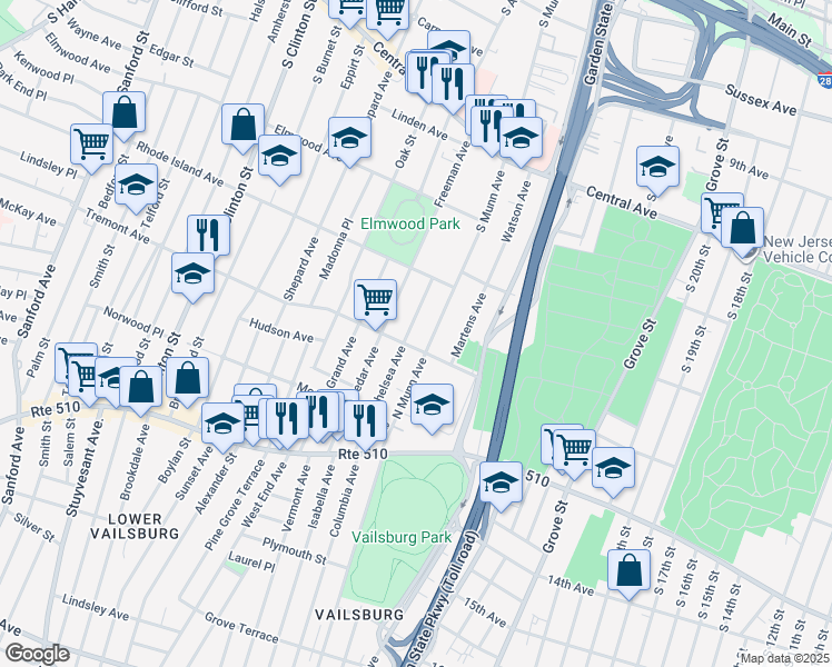 map of restaurants, bars, coffee shops, grocery stores, and more near 37 Chelsea Avenue in East Orange