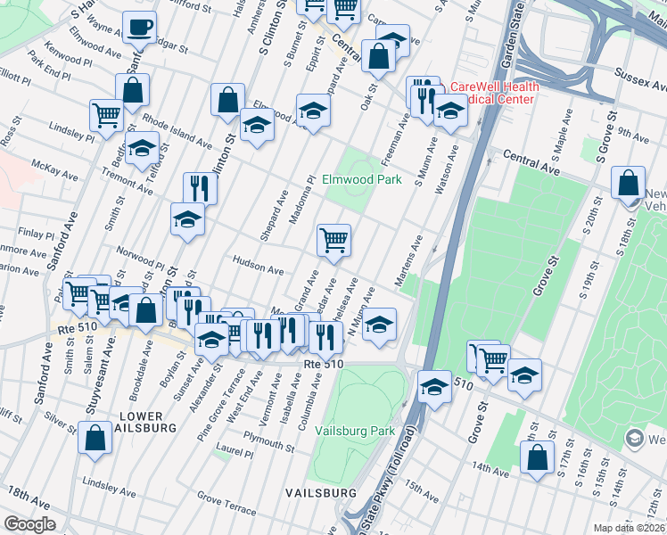 map of restaurants, bars, coffee shops, grocery stores, and more near 8 Tremont Avenue in East Orange