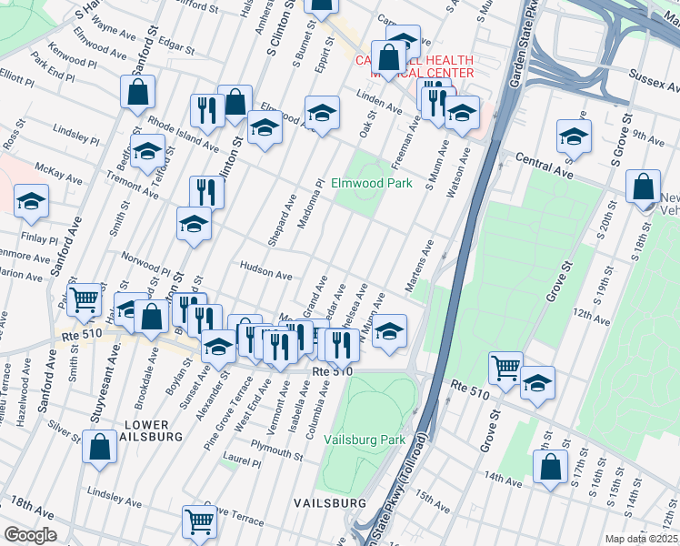 map of restaurants, bars, coffee shops, grocery stores, and more near 8 Tremont Avenue in East Orange