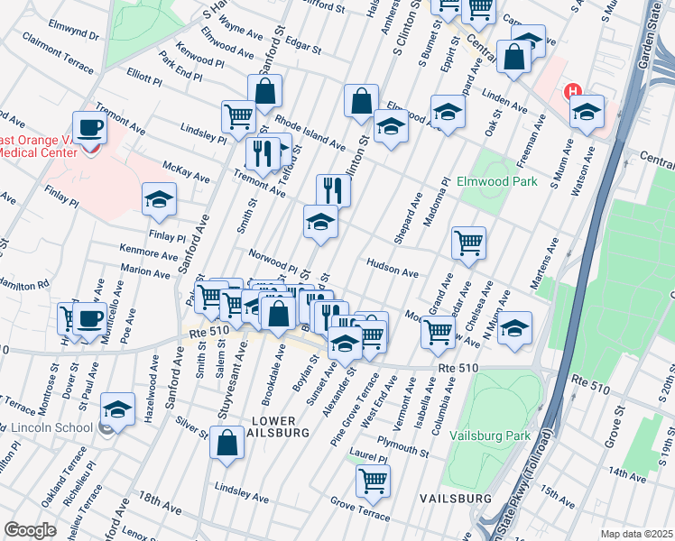 map of restaurants, bars, coffee shops, grocery stores, and more near 100 Brookwood Street in East Orange