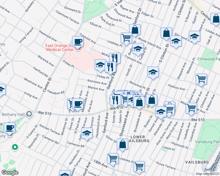 map of restaurants, bars, coffee shops, grocery stores, and more near 379 Sanford Avenue in Newark