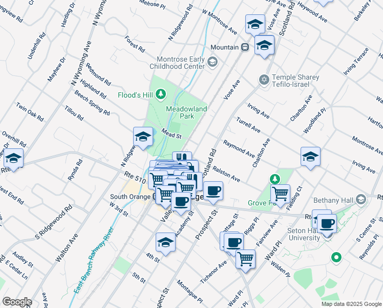 map of restaurants, bars, coffee shops, grocery stores, and more near 171 Vose Avenue in South Orange