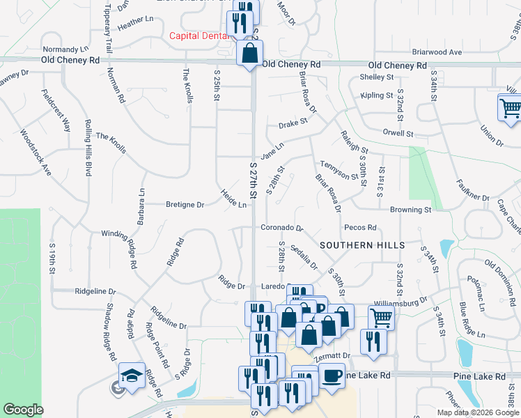 map of restaurants, bars, coffee shops, grocery stores, and more near 2630 Heide Lane in Lincoln
