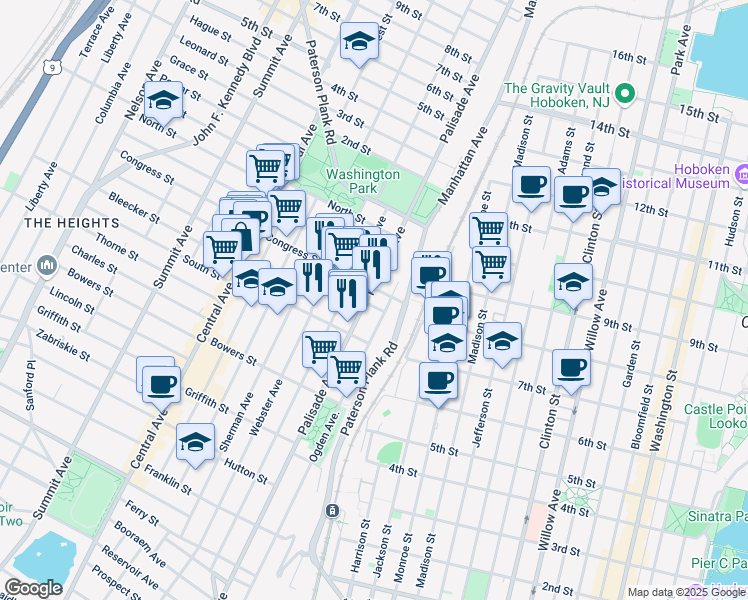 map of restaurants, bars, coffee shops, grocery stores, and more near 45 Congress Street in Jersey City