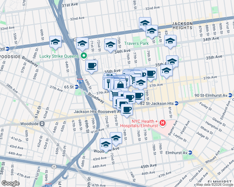 map of restaurants, bars, coffee shops, grocery stores, and more near in Queens