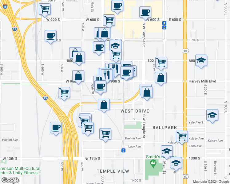 map of restaurants, bars, coffee shops, grocery stores, and more near 945 Washington Street in Salt Lake City