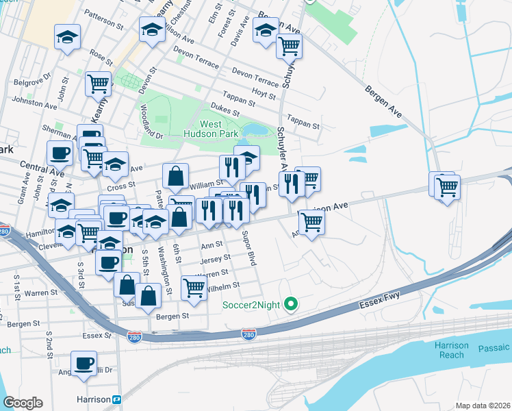 map of restaurants, bars, coffee shops, grocery stores, and more near 801-815 Harrison Avenue in Harrison