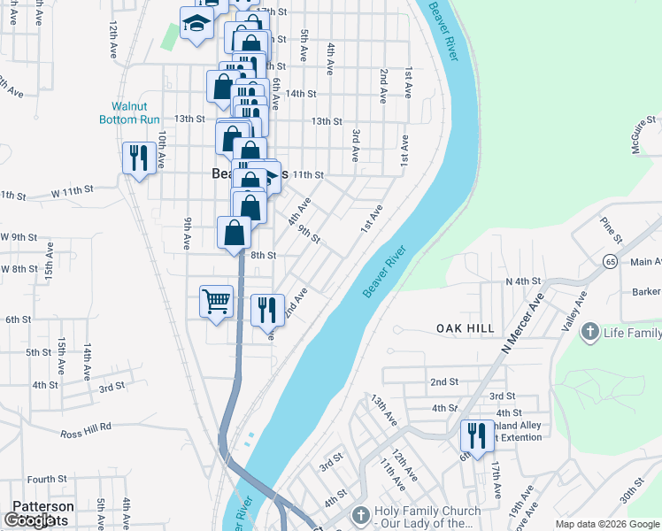 map of restaurants, bars, coffee shops, grocery stores, and more near 824 2nd Avenue in Beaver Falls