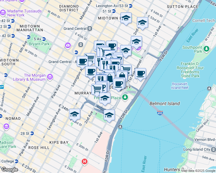 map of restaurants, bars, coffee shops, grocery stores, and more near 748 2nd Avenue in New York