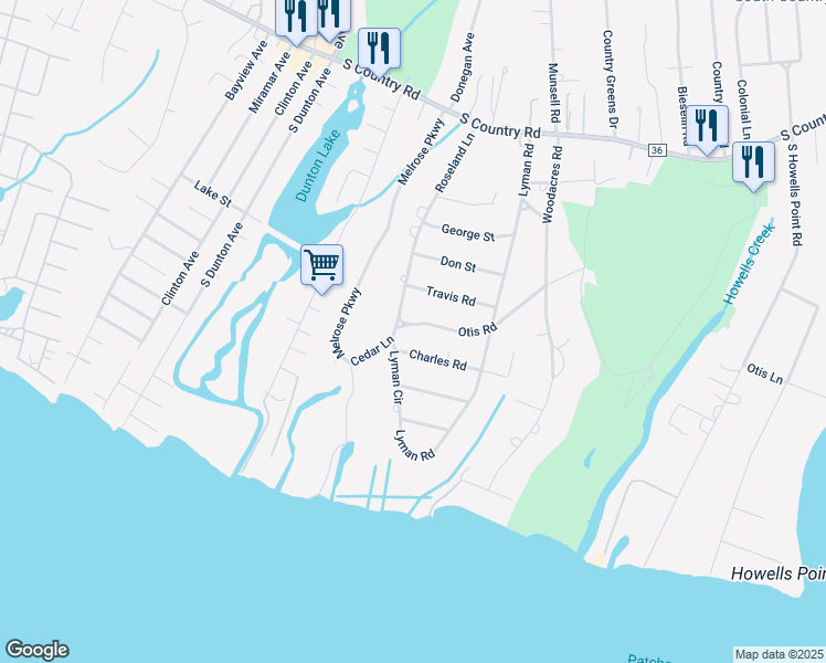 map of restaurants, bars, coffee shops, grocery stores, and more near 14 Otis Road in Patchogue
