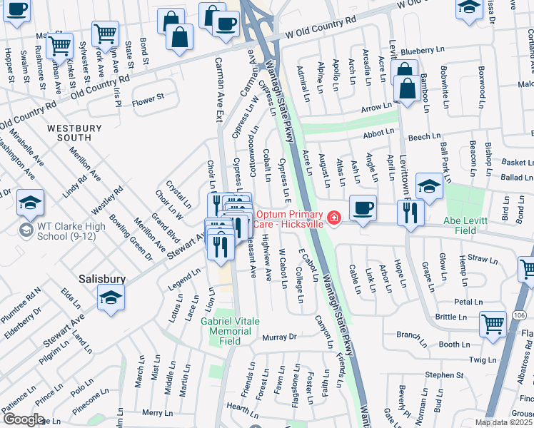 map of restaurants, bars, coffee shops, grocery stores, and more near 118 Cypress Lane East in Westbury