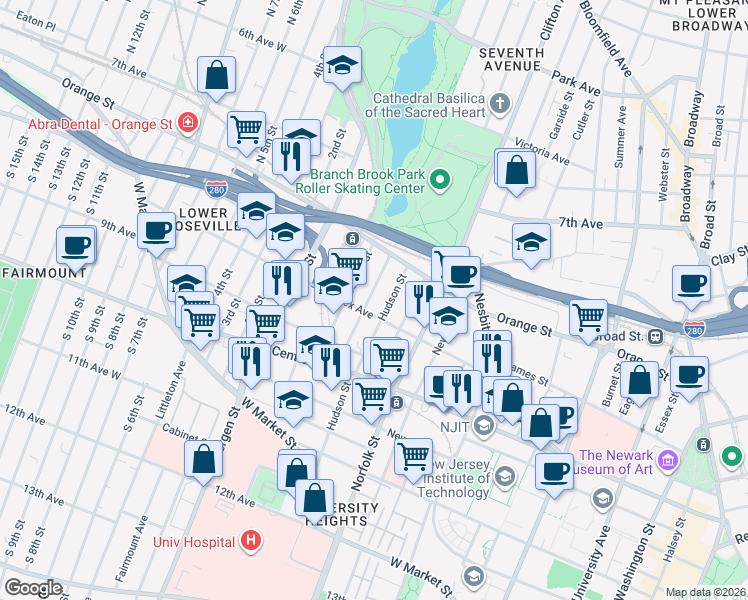 map of restaurants, bars, coffee shops, grocery stores, and more near 34 Hecker Street in Newark