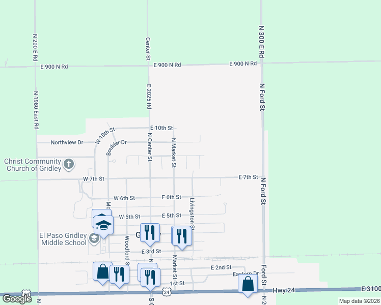 map of restaurants, bars, coffee shops, grocery stores, and more near 208 East 8th Street in Gridley