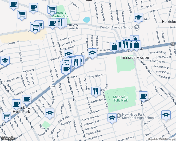 map of restaurants, bars, coffee shops, grocery stores, and more near 35 Oak Drive in New Hyde Park